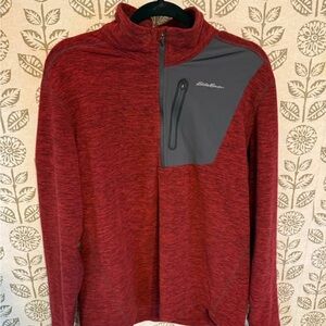 Eddie Bauer Red Heathered Quarter-Zip Pullover with Gray Chest Panel